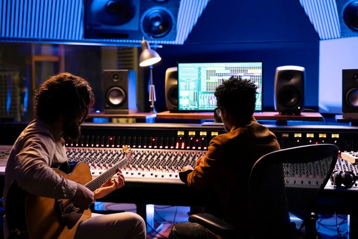 Tonmischpult mit Reglern in einem Aufnahmestudio